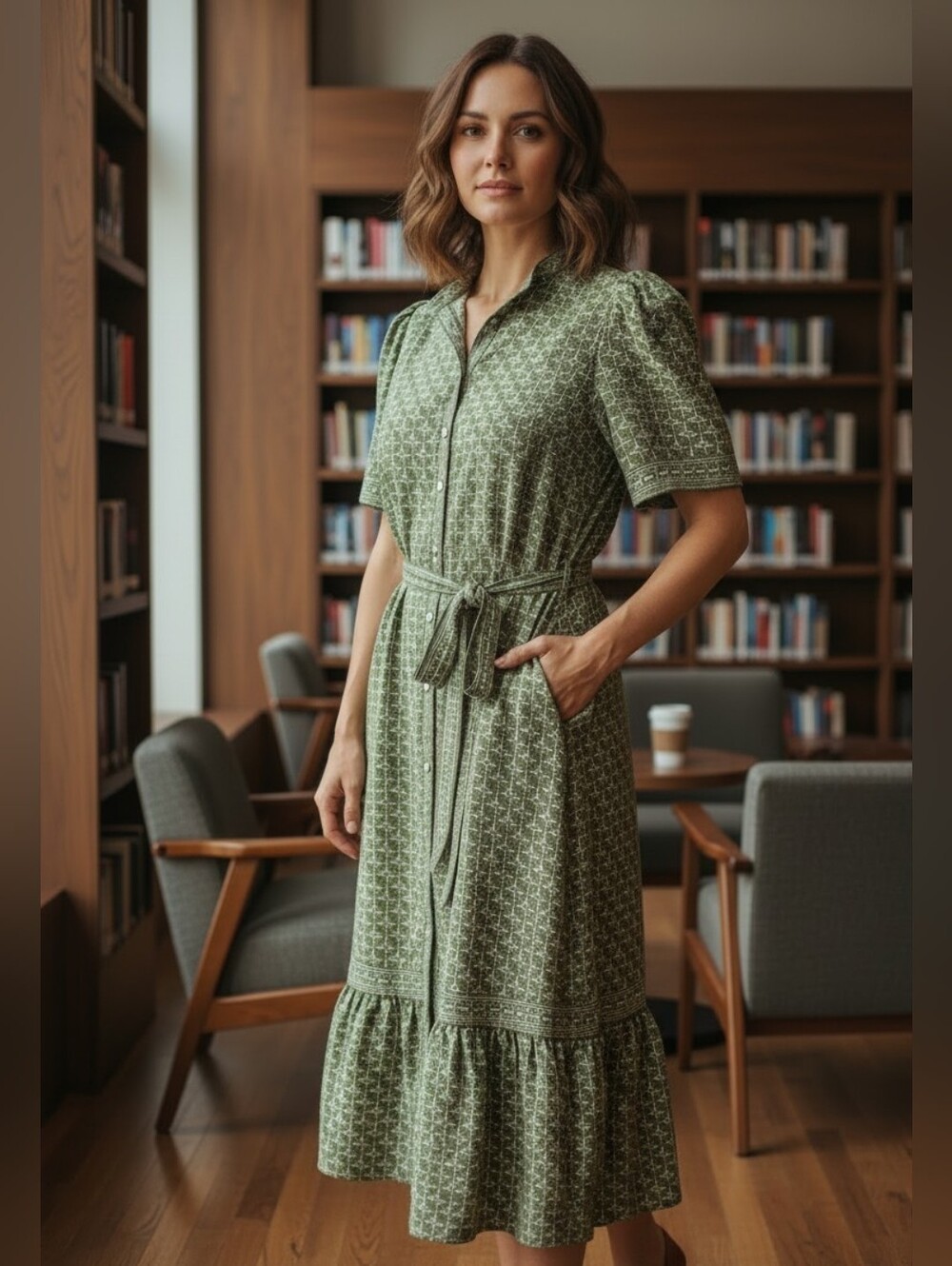 Max Studio Green Geometric Patterned Tie-Waist Maxi Dress--Womens Medium
